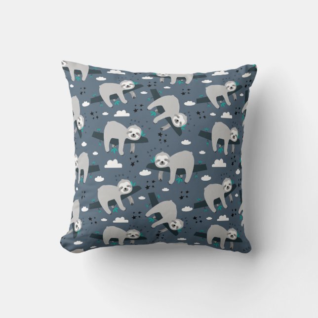 Almofada cute adorable gray sloth pattern blue background (Frente)