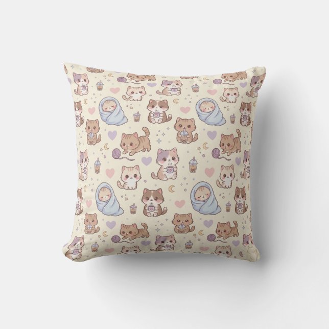 Almofada Cute Aesthetic Kitten Pattern Throw Pillow - Cozy  (Frente)