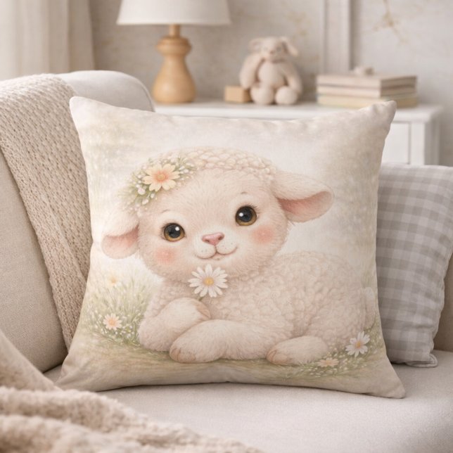 Almofada Cute Baby Lamb With Flower Neutral Kids Room (Criador carregado)