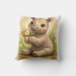 Almofada Cute Baby Rhino With Flowers Kawaii Safari Animal