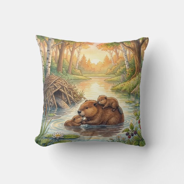 Almofada Cute Beaver And Babies River and Lake Animals  (Frente)