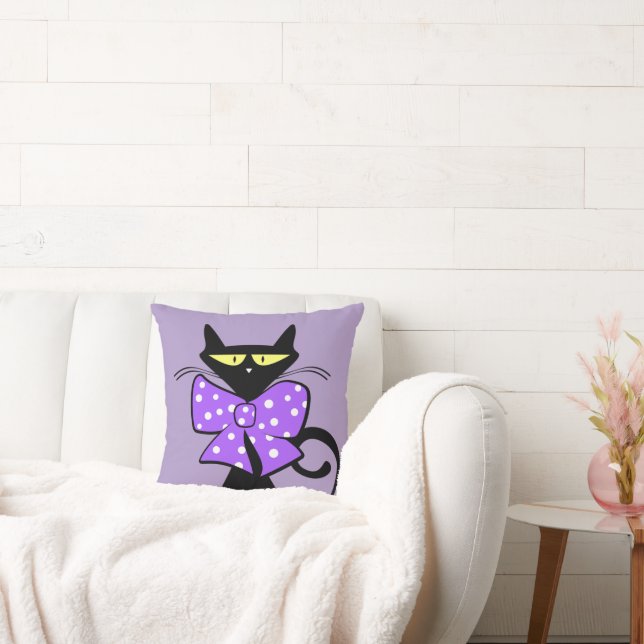 Almofada Cute Black Cat Purple Bow Polk a dot Throw Pillow (Sofá)