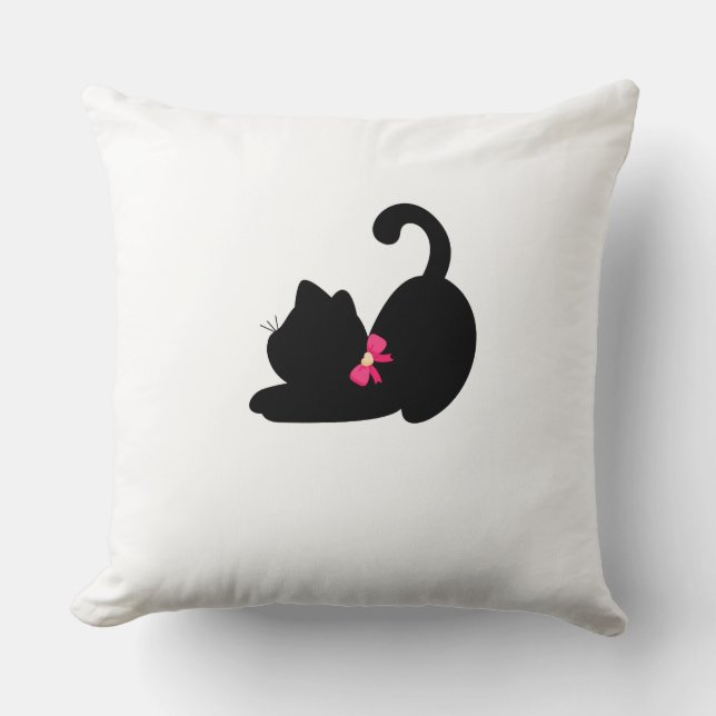 Almofada Cute Black Cat Throw Pillow | Elegant Pink Bow Tie (Frente)
