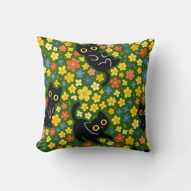 Almofada Cute Black Cats Floral Meadow Pattern (Frente)