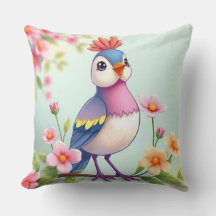 Cute Blue Pink Bird Floral Throw Pillow
