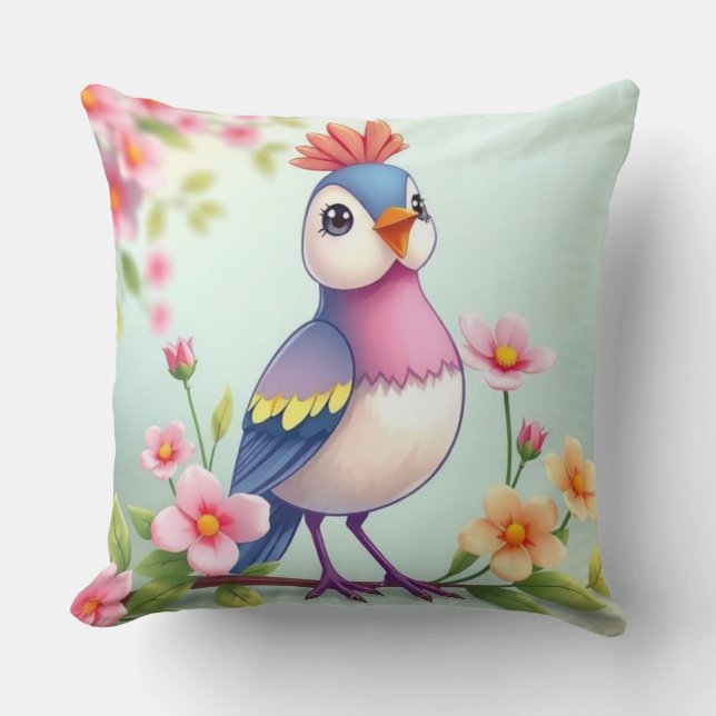 Almofada Cute Blue Pink Bird Floral Throw Pillow (Frente)
