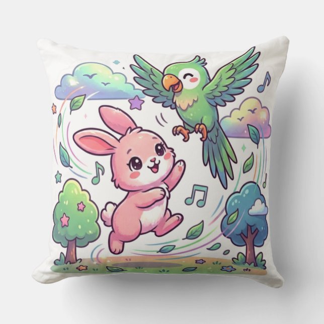 Almofada Cute Bunny e Parrot Brincando Adesivo |  (Frente)