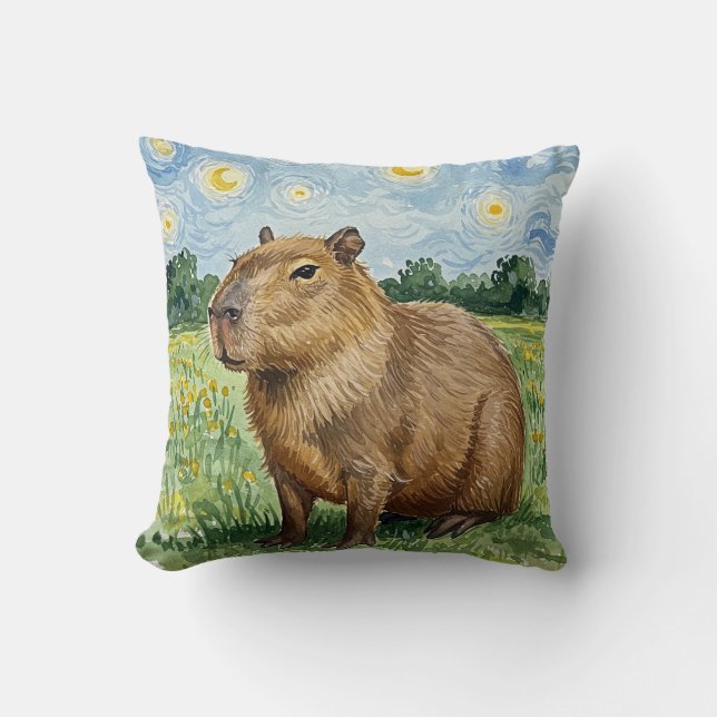 Almofada Cute Capybara Starry Night Vincent van Gogh Traves (Frente)