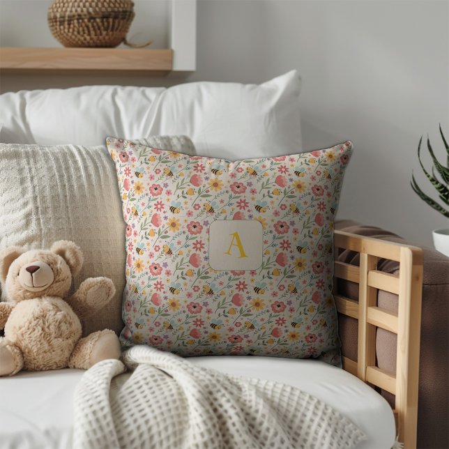 Almofada Cute cartoon bee flower blue pattern monogram (Criador carregado)