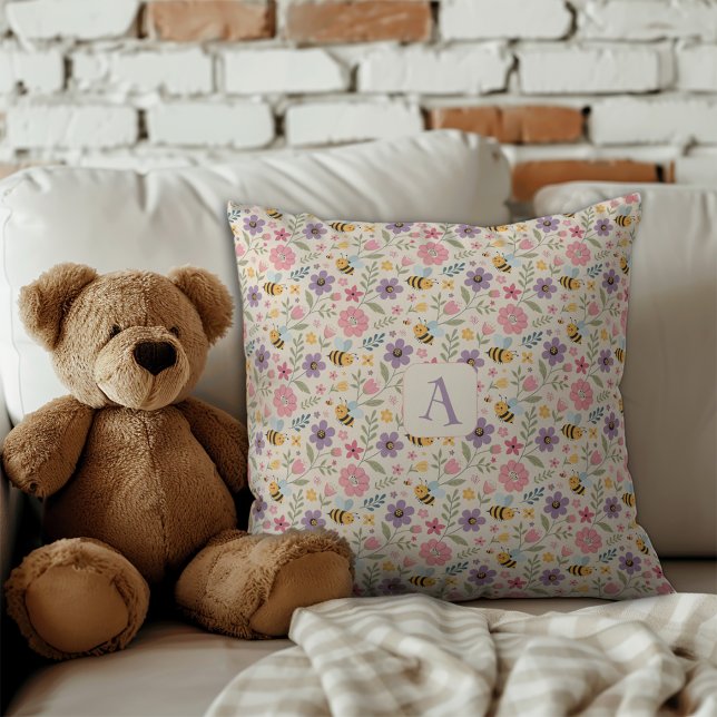 Almofada Cute cartoon bee flower pastel pattern monogram (Criador carregado)