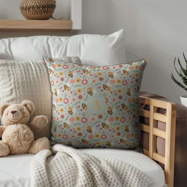 Almofada Cute cartoon bee flower yellow pattern monogram (Criador carregado)