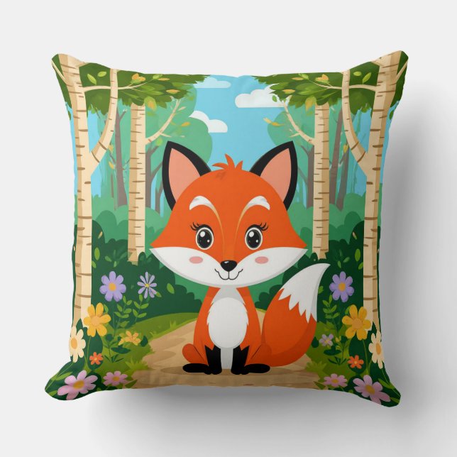 Almofada Cute Cartoon Fox Sitting On Forest Path (Frente)