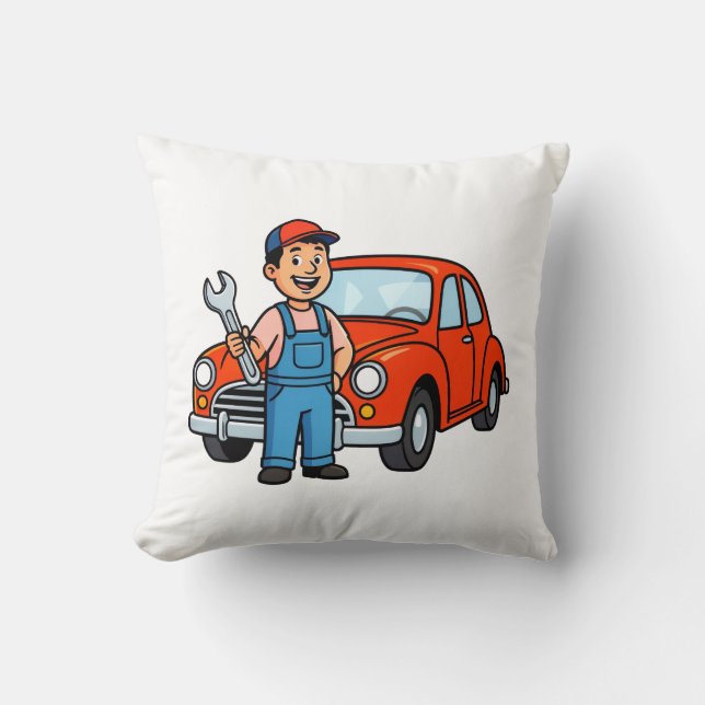 Almofada Cute Cartoon Mechanic with Red Car Illustration (Frente)