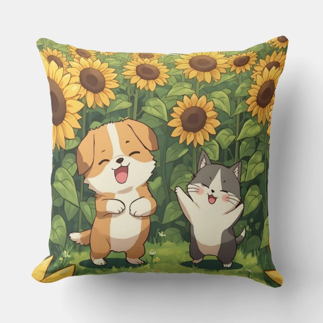 Almofada Cute Cat and Dog Sunflower Throw Pillow (Frente)