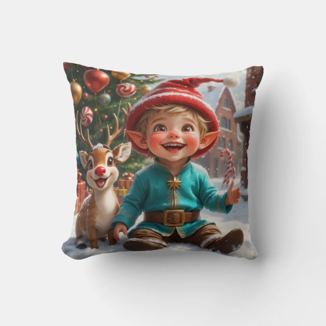 Almofada Cute Christmas Elf & Reindeer  Throw Pillow (Frente)