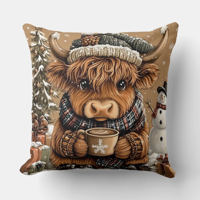 Almofada Cute Christmas Highland Cow Throw Pillow (Frente)