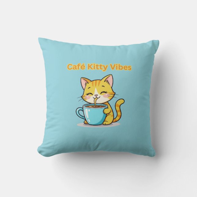 Almofada **Cute Coffee Cat – Adorable Cat Drinking Coffee I (Frente)