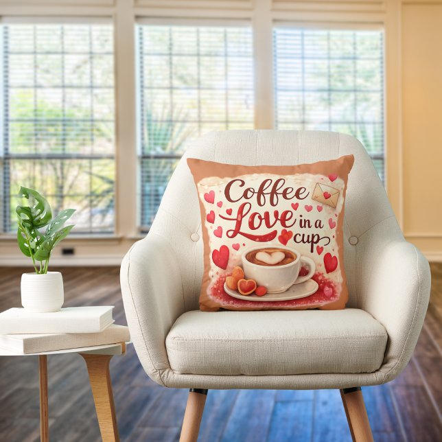 Almofada Cute Coffee Love in a Cup Valentine Quote Brown (16x16 square pillow. Great for gift for the coffee lover.)
