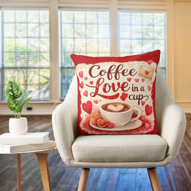 Almofada Cute Coffee Love in a Cup Valentine Quote Red (Criador carregado)