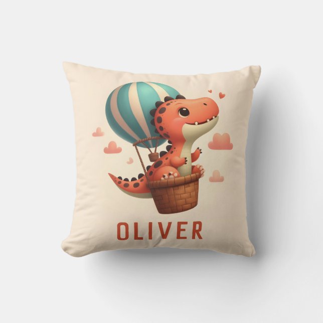 Almofada Cute Dino voando em um balão de ar quente (Frente)