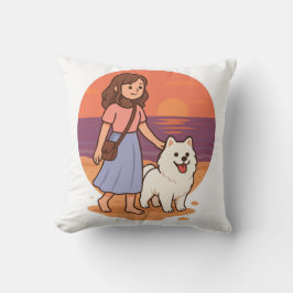 Almofada Cute Dog Mom Walking Fluffy Pup on Sunset Beach 