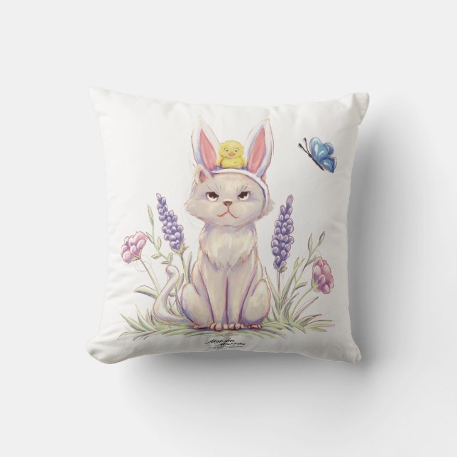 Almofada Cute Easter Cat with Chick Illustration pillow (Frente)