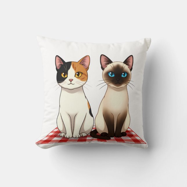 Almofada Cute Felines on Red Checkered Blanket (Frente)