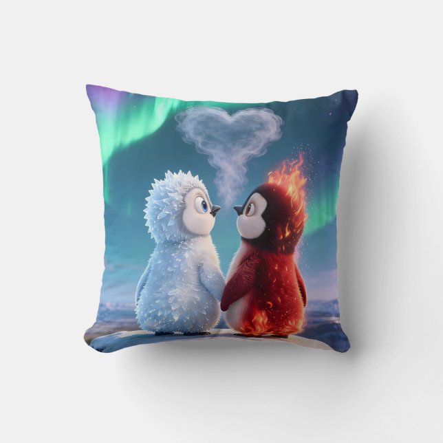 Almofada Cute Fire and Ice Penguin Northern Lights (Frente)