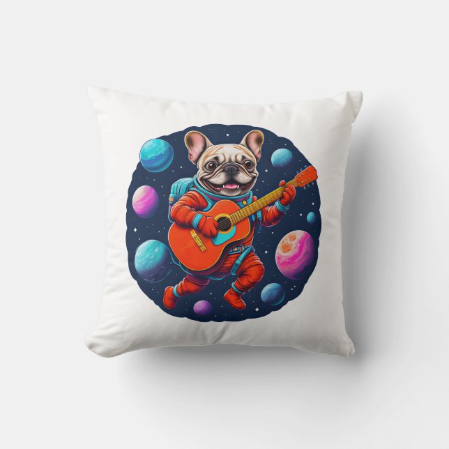 Almofada Cute French Bulldog Astronaut Playing Guitar – Fun (Frente)