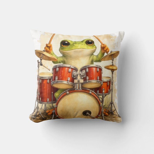 Almofada Cute Frog Drummer Throw Pillow – Fun Decor (Frente)