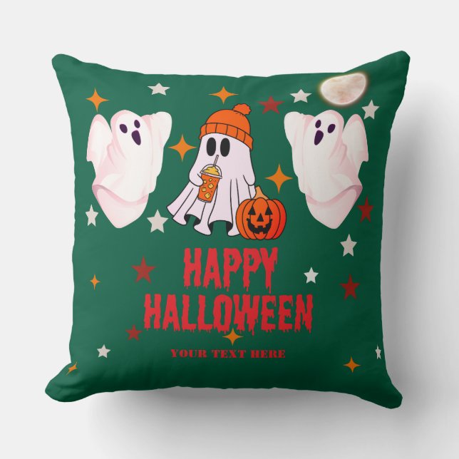Almofada Cute Ghost & Pumpkin Custom Text Happy Halloween (Frente)