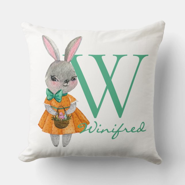 Almofada Cute Girl Easter Bunny Initial & Name Throw Pillow (Frente)