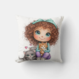 Almofada Cute Girl with Kittens Kawaii Cozy Art