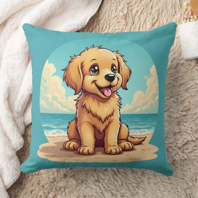 Almofada Cute Golden Puppy at Sunny Beach Scene (Cobertor)