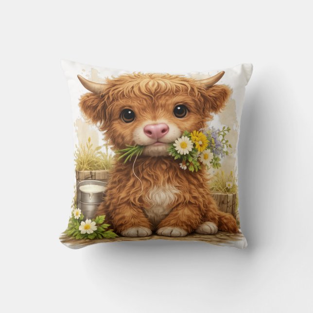 Almofada Cute Highland Cow Flower Pillow Kawaii Farm Decor (Frente)