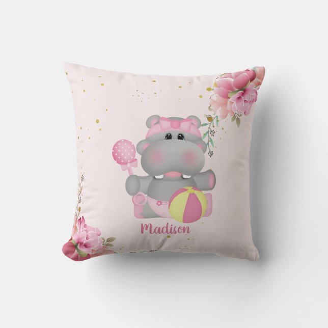 Almofada Cute Hippo, rosa e Dourado, (Frente)