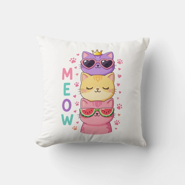 Almofada Cute Kawaii Stacked Cats Sunglasses Meow (Frente)