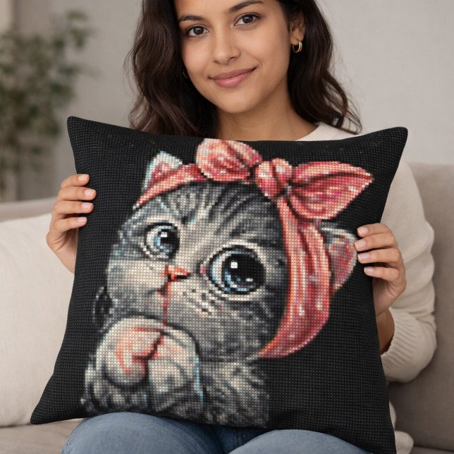 Almofada Cute Kitten Bow Cross Stitch Throw Pillow (Criador carregado)
