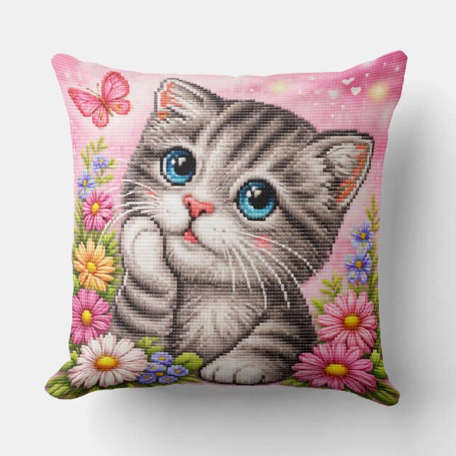 Almofada Cute Kitten Floral Cross Stitch Throw Pillow (Frente)