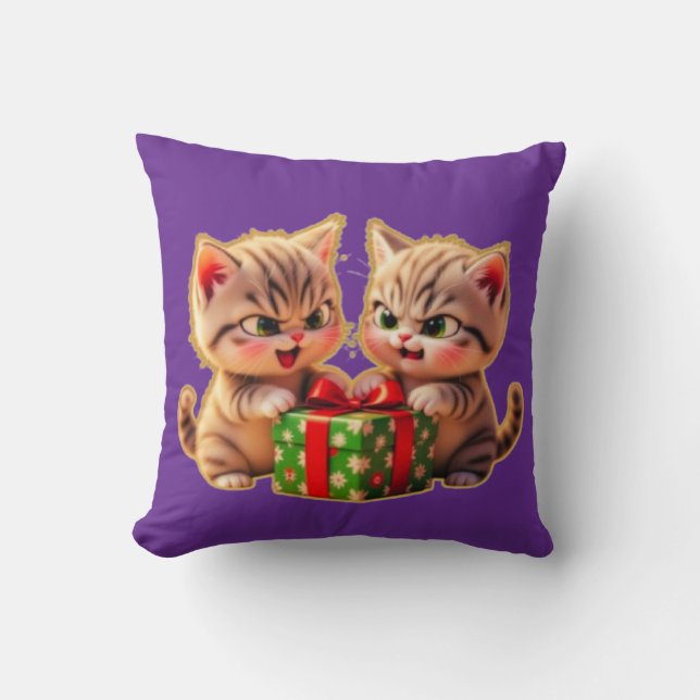 Almofada **Cute Kittens Fighting Over a Gift – Funny Christ (Frente)