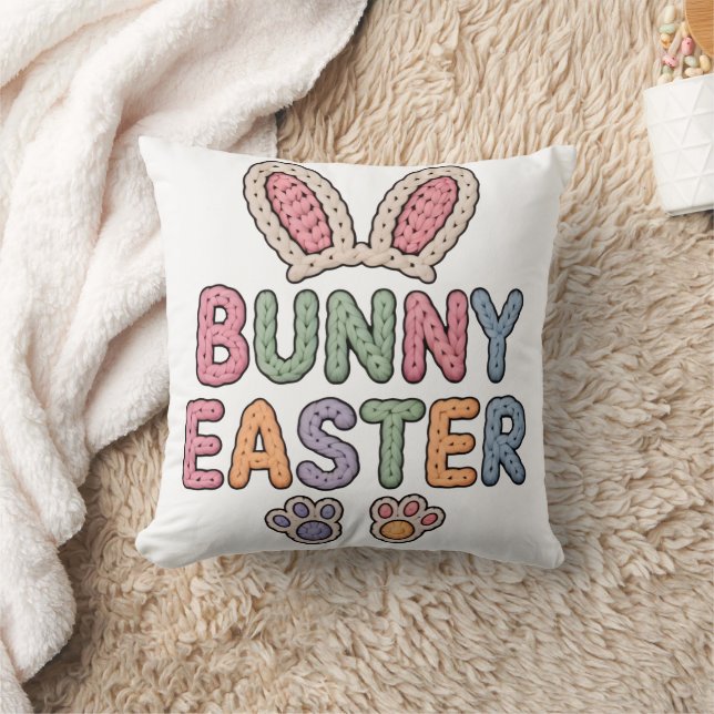 Almofada Cute Knitted Bunny Easter Puff Texture Pastel Typo (Cobertor)