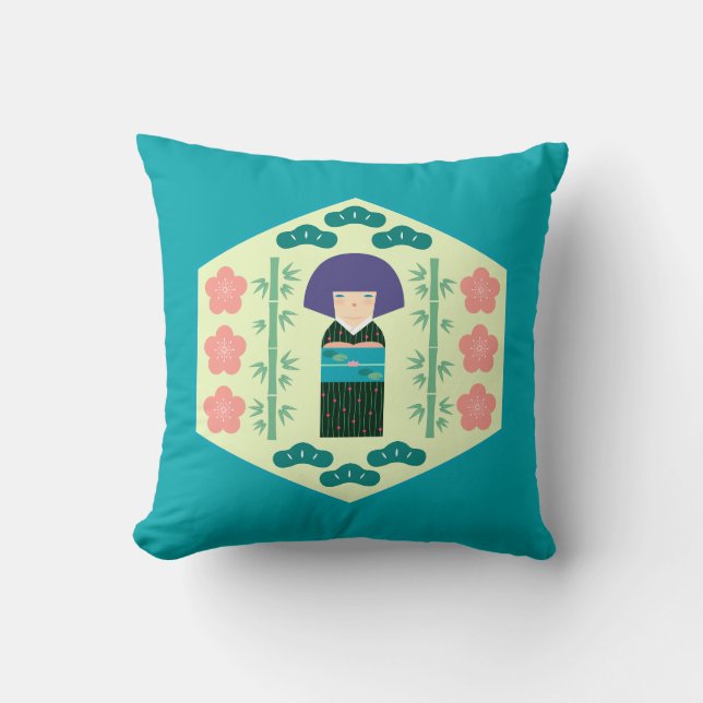 Almofada Cute Kokeshi Doll Hexagon Pattern (Frente)