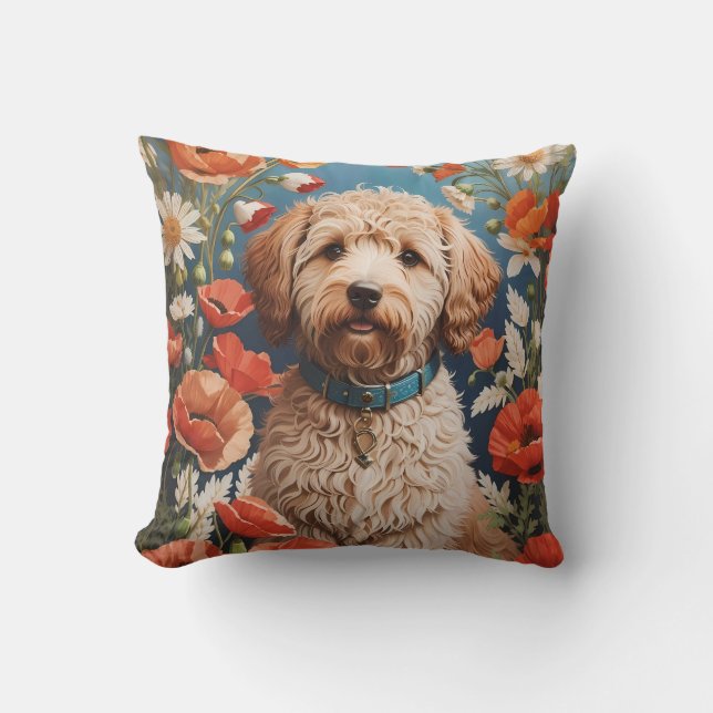 Almofada Cute Labradoodle Daisy E Poppy Flower (Frente)