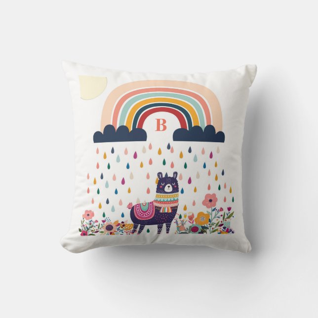 Almofada Cute Llama Rainbow Monograma Inicial (Frente)