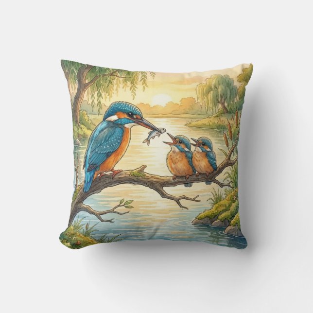 Almofada Cute Martim-pescador E Filhotes Animais do Rio e d (Frente)
