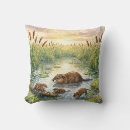 Almofada Cute Muskrat And Pups River and Lake Animals 