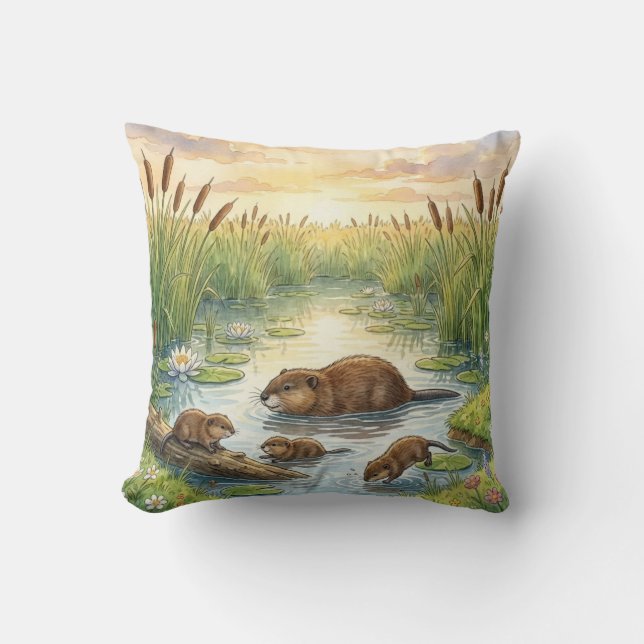 Almofada Cute Muskrat And Pups River and Lake Animals  (Frente)