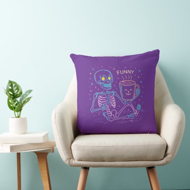 Almofada Cute Neon Skeleton Drinking Coffee – Funny Pastel  (Cadeira)