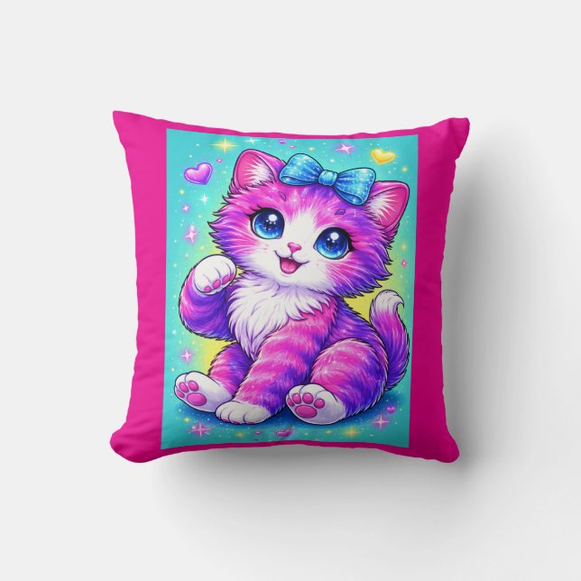 Almofada Cute Pastel Kitten Pillow Design with Bow and Spar (Frente)