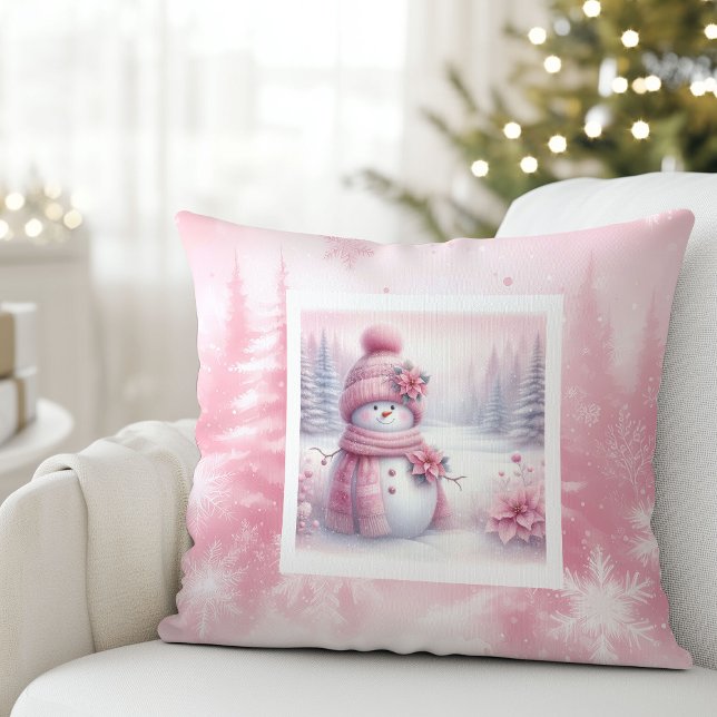 Almofada Cute Pink Snowman Christmas Scene Pinkmas Pillow (Cute Pink Snowman Christmas Scene Pinkmas Pillow)